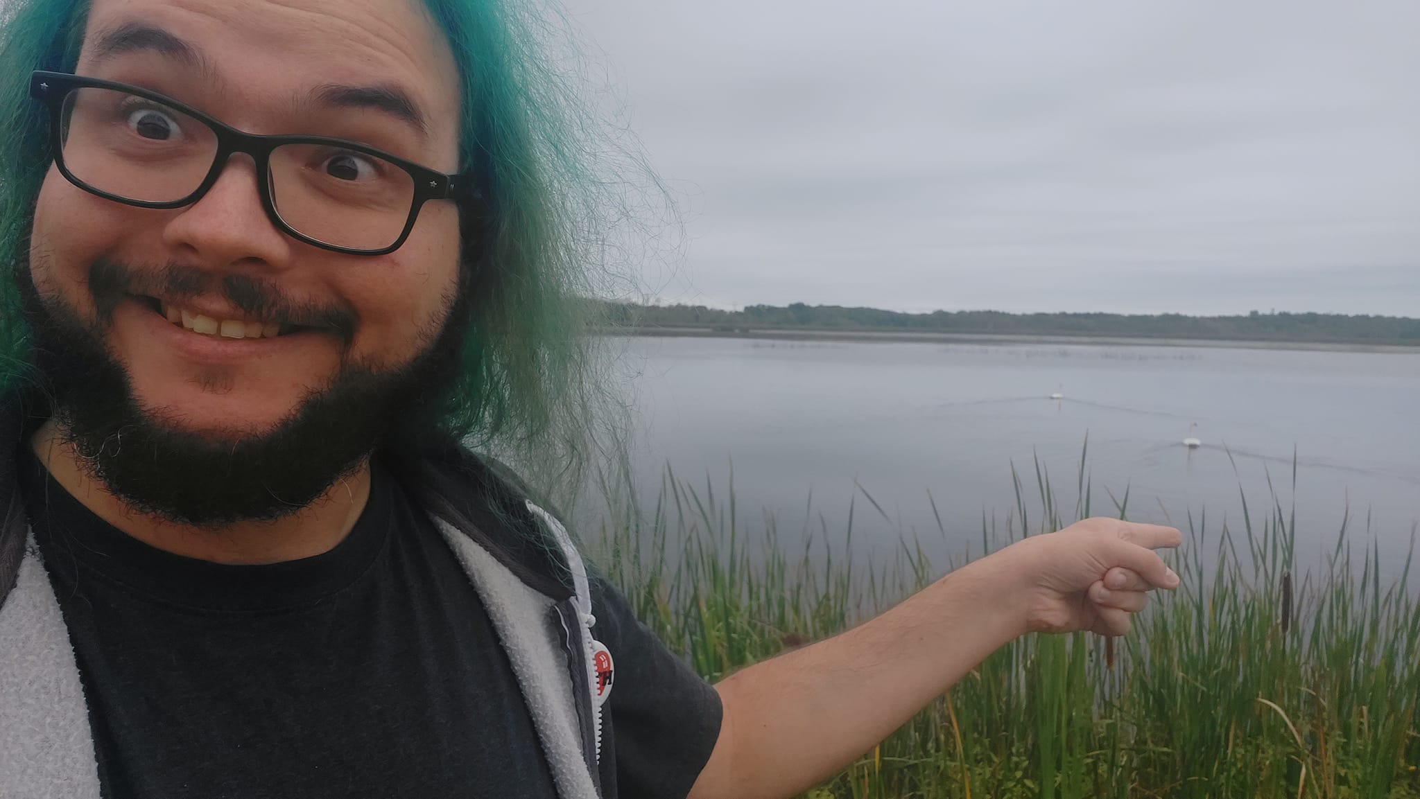 A man with green hair is visiting a freshwater marsh, photo 8